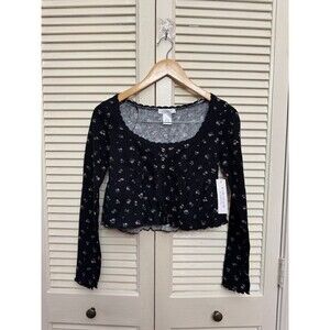 KIRIOUS Los Angeles Long Sleeve Floral Babydoll Crop Top BLack Sz S